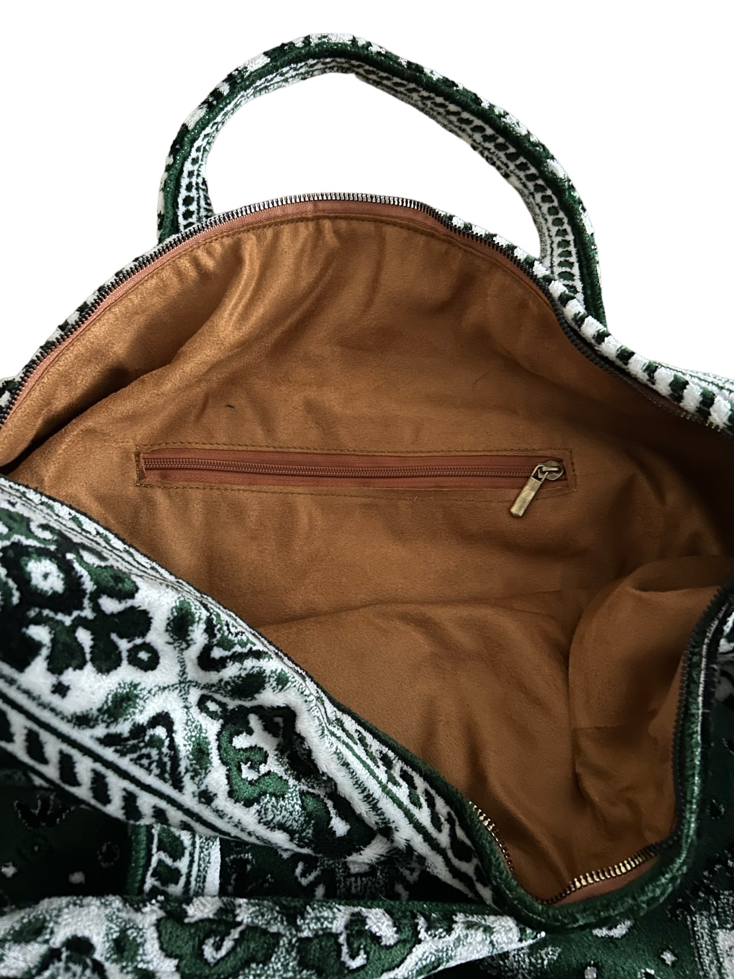 Weekend bag made of carpet fabric green and beige