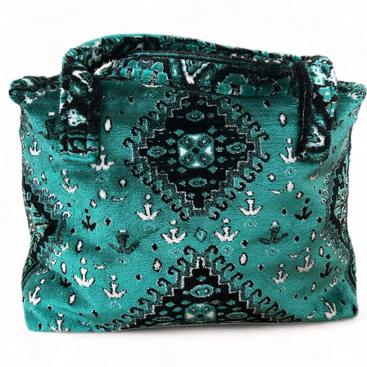 Tas van tapijtstof met rits turquoise