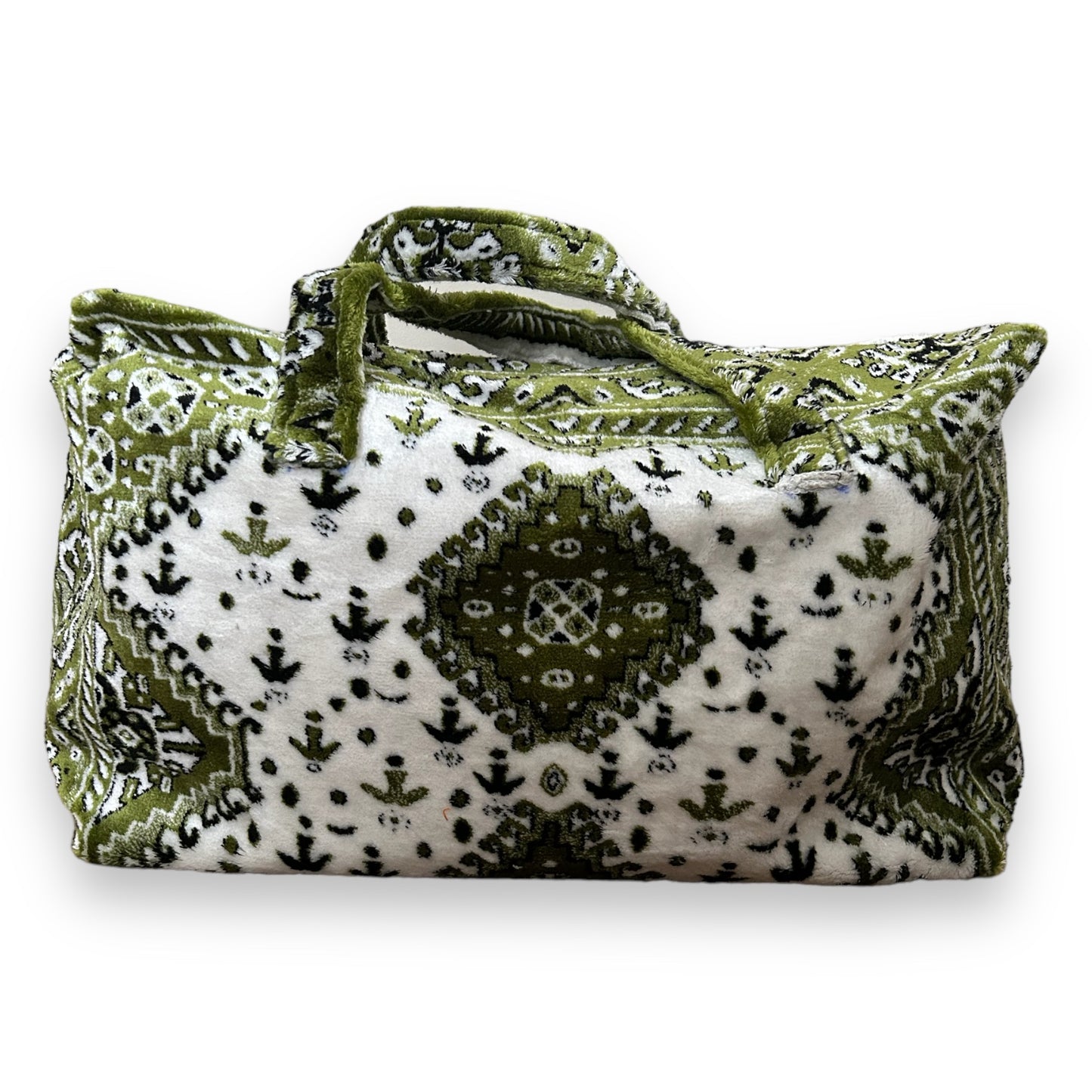 Weekend bag made of carpet fabric in olive green color with white