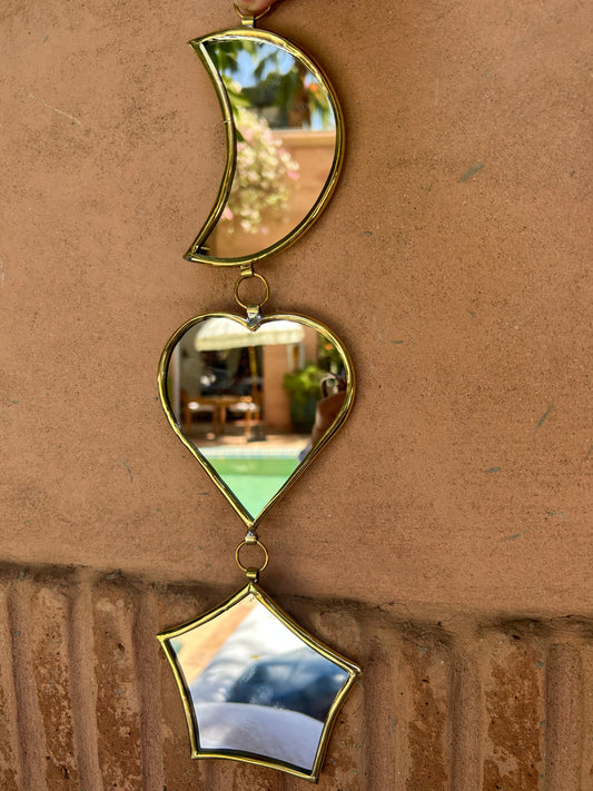 Garland of handmade brass mirrors, moon, heart, star