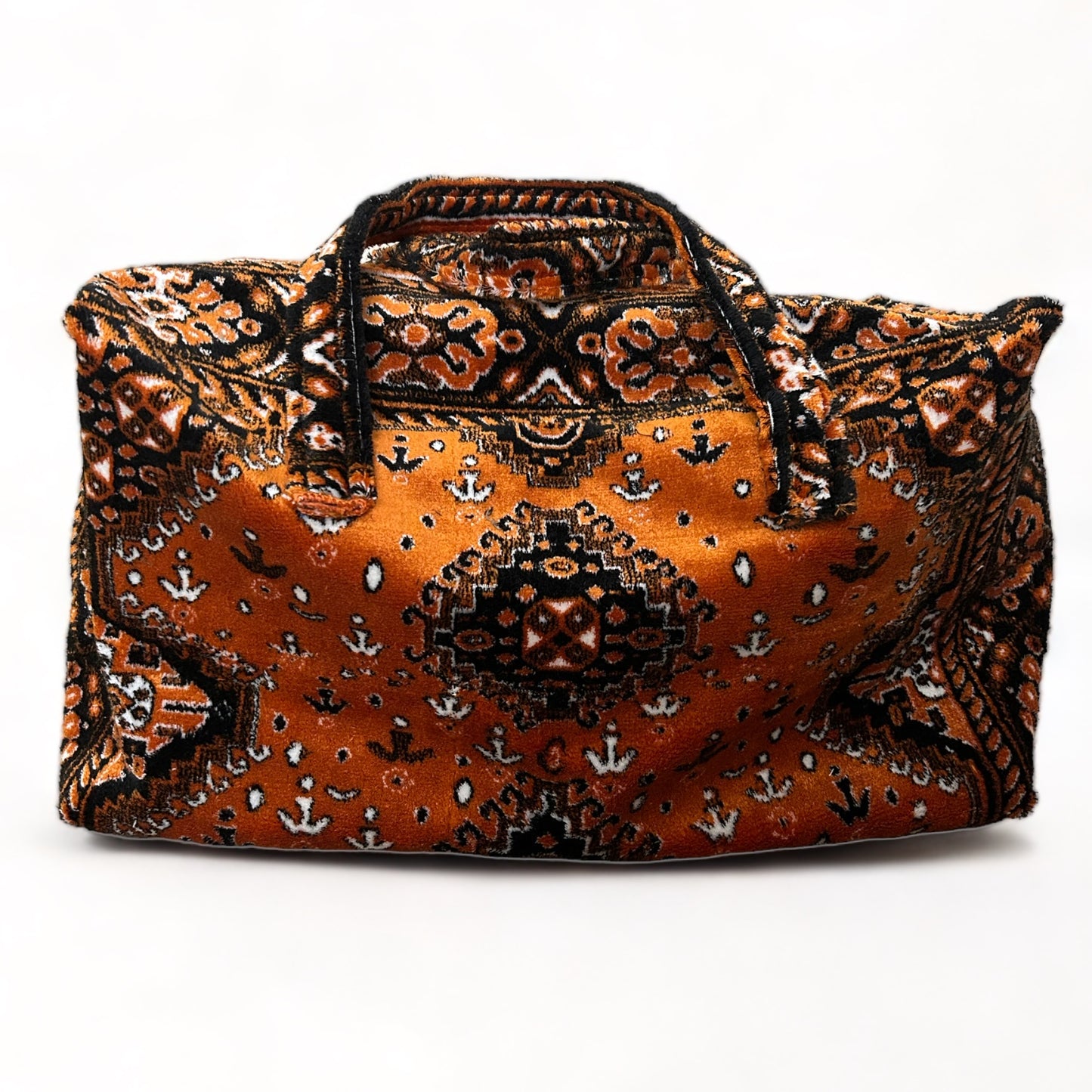 Weekend bag made of carpet fabric in golden yellow color with black